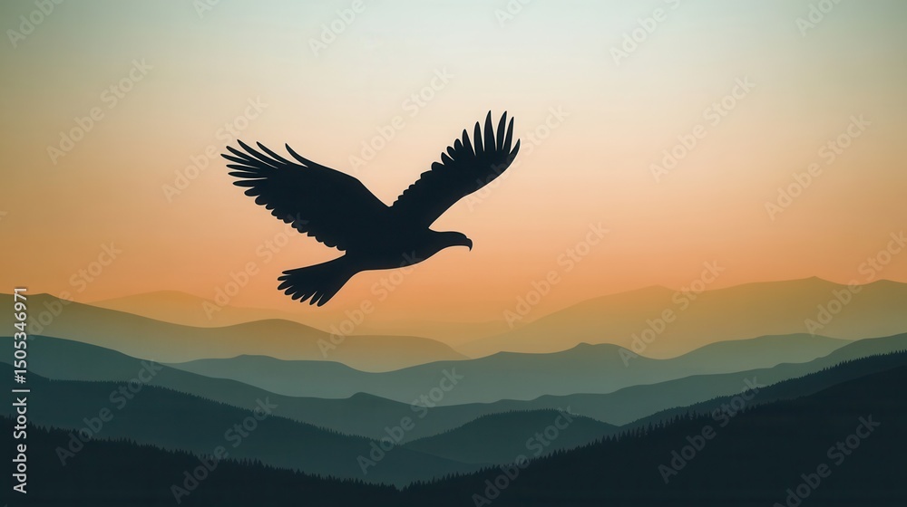 Obraz premium Majestic silhouette of a bird soaring above layered mountains during a serene sunset with a gradient sky in soft hues of orange, pink, and purple