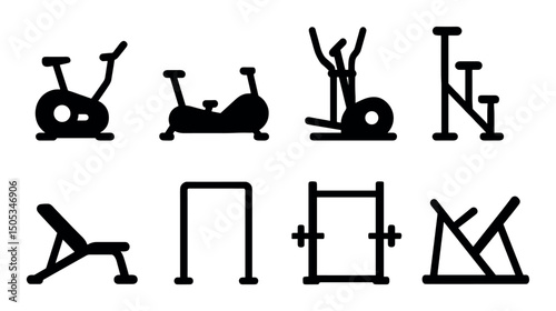 Silhouette gym equipment icons: bikes, elliptical, weights, bench