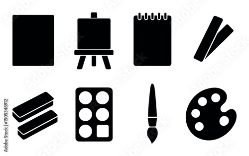 Silhouette art supplies: easel, paintbrush, palette, canvas, paper