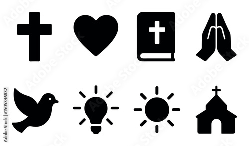 Religious symbols: cross, bible, church, heart, dove, light, prayer