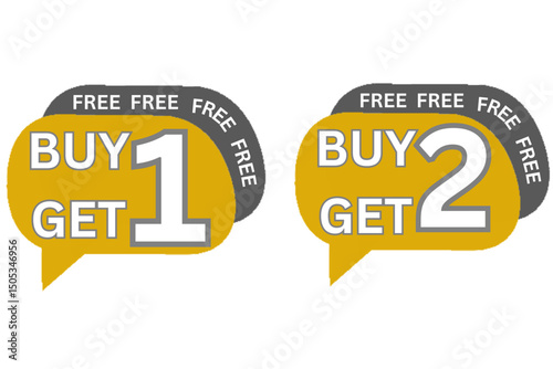 The image contains two yellow marketing stickers, each with a grey banner at the top saying "Free Free Free". The stickers read "Buy 1 Get 1" and "Buy 2 Get 2".

