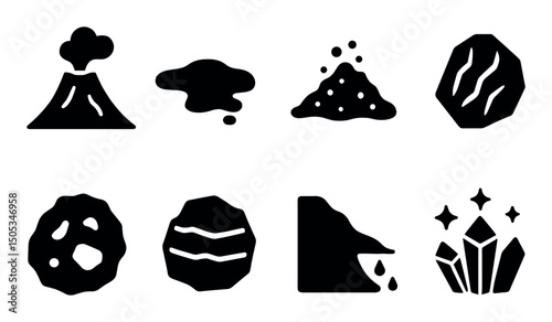 Volcanic elements icons set: volcano, lava, rocks, crystals