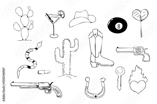 Wild west sketch set with vintage cowboy hat, gan. Desert elements cactus, sand, snake. Line hand drawn lucky horseshoe. 