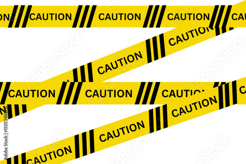 Yellow caution tape with black stripes and text is arranged in a crisscross pattern. The text "CAUTION" is repeated on each section of the tape.

