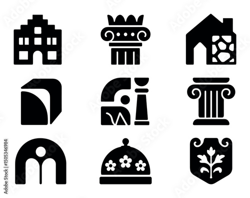 Set of nine decorative architectural icons and emblems in black
