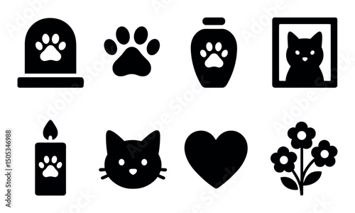 Cat memorial icons: pawprints, candle, urn, and flowers