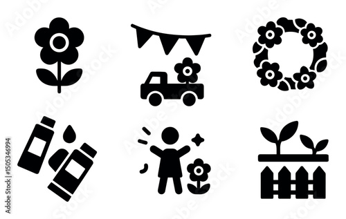 Garden symbols: flowers, plants, and decorations for celebrations