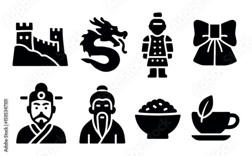 Traditional asian icons: castle, dragon, warrior, tea, rice bowl