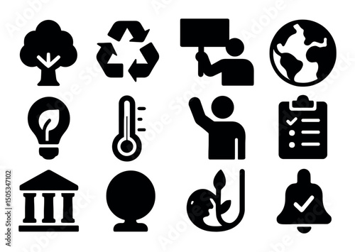 Sustainability icons, tree, recycling, activism, global awareness