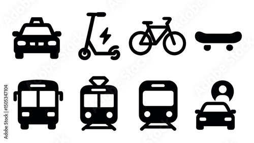 Urban transportation icons set: car, bus, bike, scooter, train