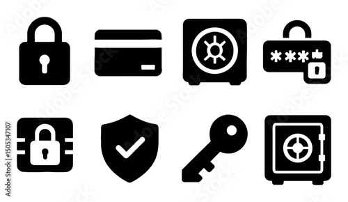 Security icons: lock, key, safe, card - black and white silhouettes