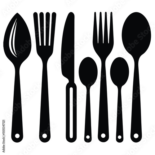 Black Silhouette Cutlery Set Vector Icons Including Spoons, Forks, and Knife for Dining