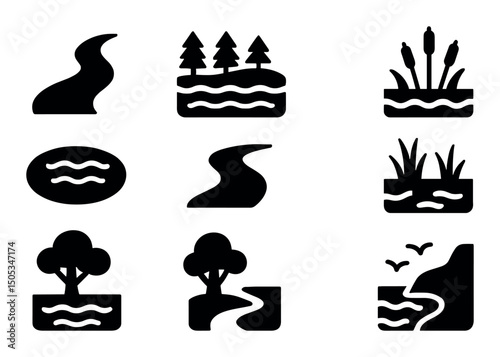 Set of 9 black river and nature scene icons on white background