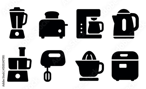 Silhouette icons of kitchen appliances: blender, toaster, kettle