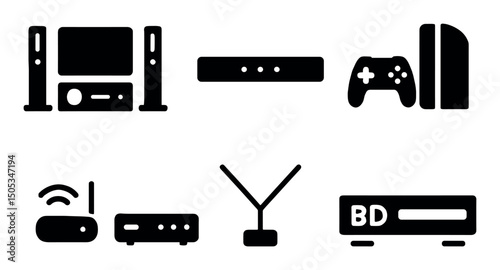 Home theater and gaming console icons for entertainment setup