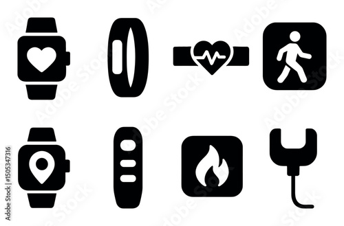 Fitness tracker icons: heart, steps, location, fire, charging