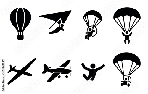 Silhouette icons: balloon, parachute, glider, airplane activities