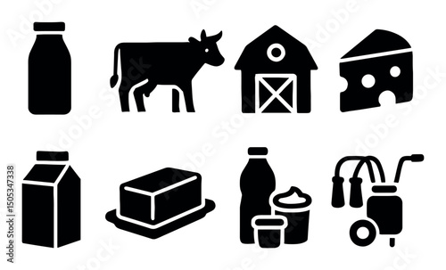 Dairy farm icons: milk, cheese, butter, cow, barn, yogurt, cream