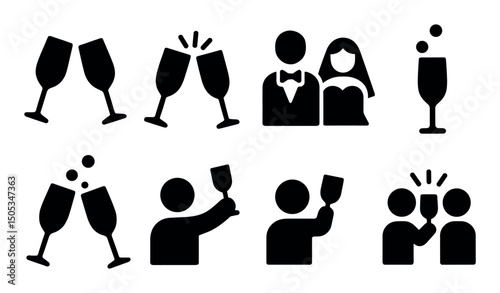Black silhouette icons of people with wine glasses celebrating