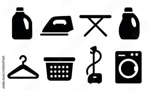 Laundry and ironing tools: detergent, iron, basket, washer icons