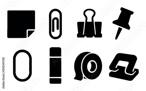 Simple office supply icons: paperclip, tape, sticky notes, pin
