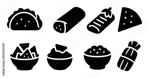 Mexican food icons: taco, burrito, salsa, nachos, quesadilla