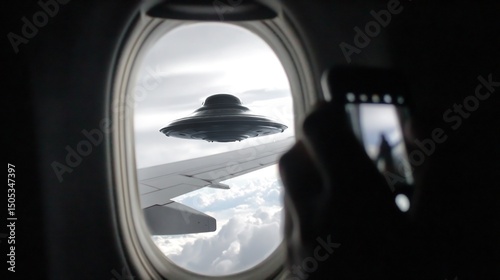 Unidentified flying object seen from an airplane window.