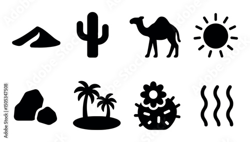 Desert icons: camel, cactus, sun, dune, and palm oasis symbols
