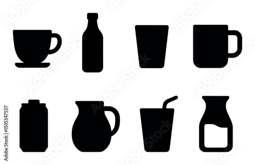 Black silhouettes of cups, bottles, and jugs on a white background