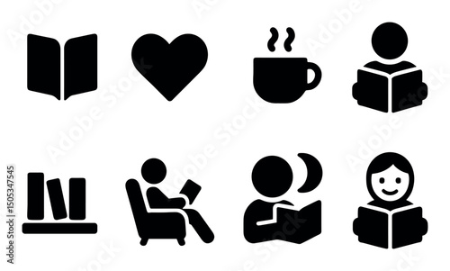 Set of book and reading icons with heart and coffee symbols