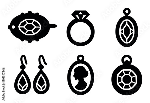Black and white jewelry icons - rings, pendants, earrings