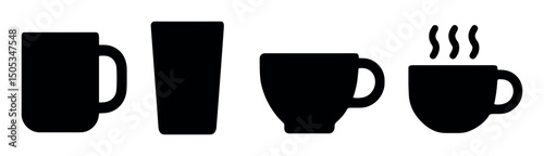 Black silhouette icons of cups and mugs with steam design