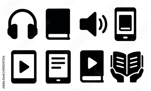 Digital media icons: headphones, books, tablets, and smartphone