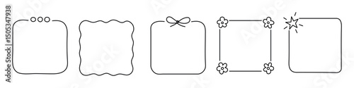 Decorative linear simple frames with bows, ribbons and wavy lines isolated in minimalist hand drawn doodle style. Empty square, templates, vector illustrations.