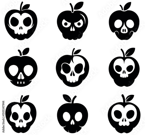 Skull Apple Silhouette Icons – Halloween Horror Fruit Vector Set