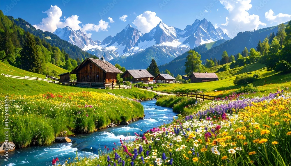 Fototapeta premium Alpine village with wildflowers, and stream.