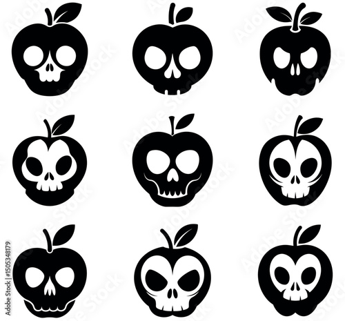 Skull Apple Silhouette Icons – Halloween Horror Fruit Vector Set