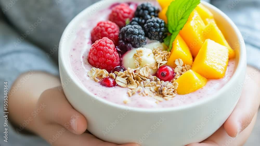 Colorful smoothie bowl with fresh berries, mango, and granola in hands.
