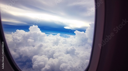 View from an airplane window looking out at the sky and clouds, travel image.