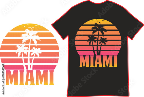 Miami Sunset T-Shirt Design with Palm Trees. This vibrant graphic design showcases a Miami-themed t-shirt.