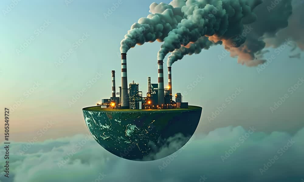 Floating earth section w/ factory spewing smoke above clouds