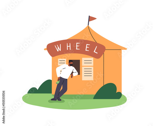 Visitor buys tickets for ferris wheel, attractions, rides in booth in funfair. Person takes entrance coupons for carousels in stall, kiosk in amusement park. Flat isolated vector illustration on white