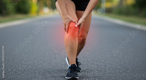Fototapeta Naklejka Na Ścianę i Meble -  Knee pain after running woman holding knee joint inflammation runner injury leg pain sports injury concept