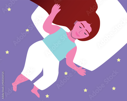 Sleeping Baby in Bed at Night, Flat Vector Stock Illustration with Baby Girl