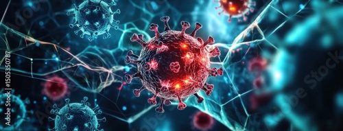 Digital illustration of dynamic virus and bacteria group on hexagonal dark blue backdrop, featuring red-spiked centerpiece and surrounding white viruses