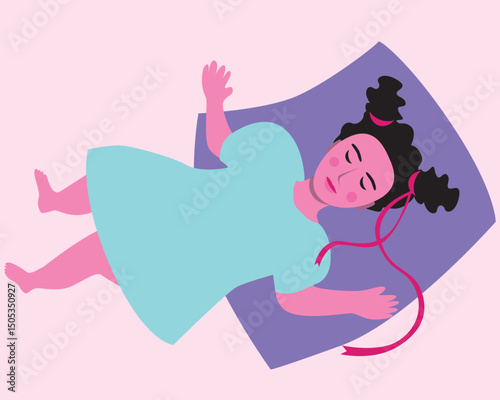 Baby girl sleeping in bed at night, flat vector stock illustration with child as concept Authentic Family