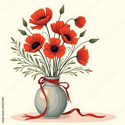Blooming Beauty: Summer Scene with Fragrant Red Poppies in Matte Porcelain Vase