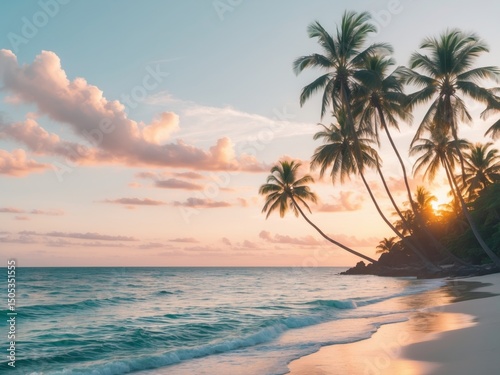 Tranquil Tropical Beach at Sunset with Palm Trees and Gentle Waves  A Paradise Scene