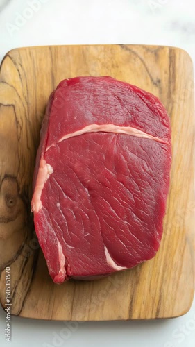 A piece of meat is on a wooden cutting board. The meat is red and he is fresh