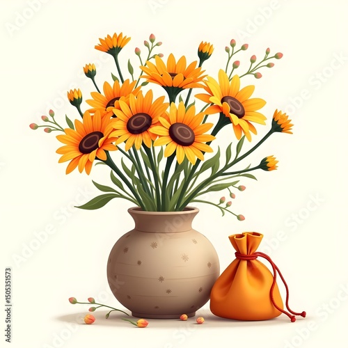 Wallpaper Mural Golden Summer Blooms: Orange Daisies in Rustic Vase on Velvet Pouch Greeting Card Torontodigital.ca